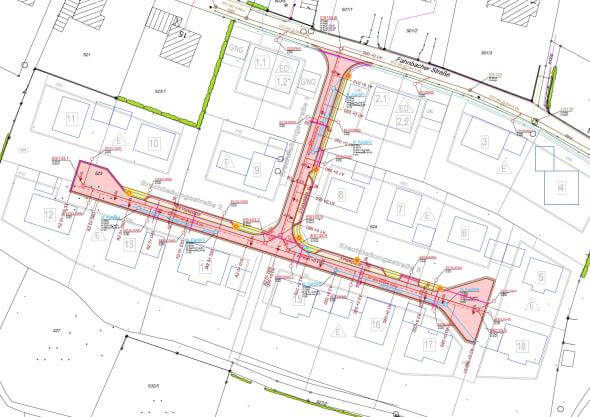 Luftaufnahme des Baugebiets Fahnbacher Straße Süd in der Gemeinde Haiming, mit markierten Erschließungsflächen.